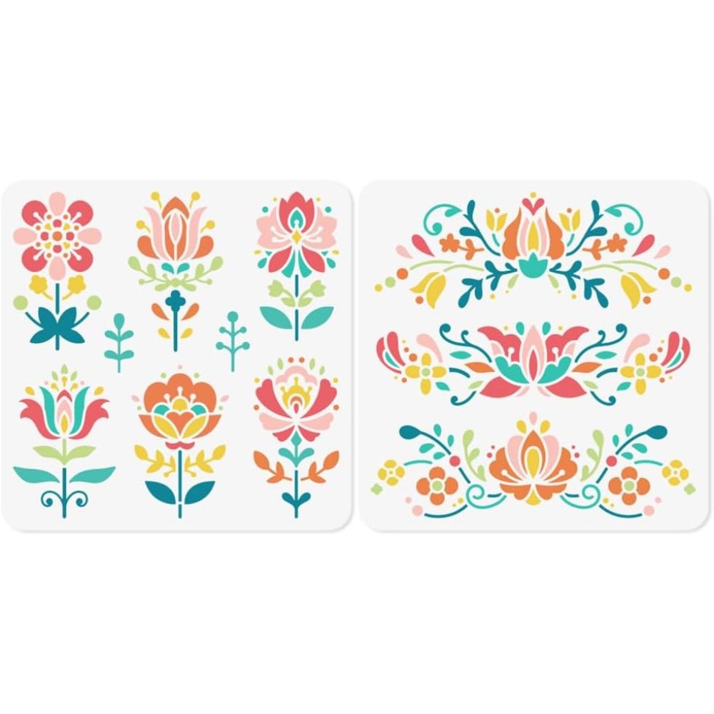 Art Craft Template - 2Pcs Flower Polish Folk Art Stencils